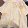 Ropa para llevar en verano: Pijama de Tartán Amarillo con Pastel de Mantequilla para Mujer, Conjunto de Dos Piezas con Cuello Redondo, Manga Corta y Shorts, Se Puede Usar Afuera como Ropa de Casa