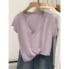 Camiseta Base de Lino y Algodón Rosa Girly con Escote en V y Copos de Nieve para Mujer, Nuevo Estilo Verano 2026, Camiseta Holgada de Manga Corta Estilo Perezoso