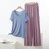 Pijama para mujer de talla grande para usar al aire libre, conjunto de dos piezas para casa para primavera y verano, conjunto de top de manga corta con cuello en V de modal con bolsillos y pantalones de pierna ancha