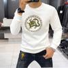 Suéter ligero de lujo para hombre, con diamantes de imitación, manga larga, cuello redondo, camisa de otoño e invierno, estación europea, top para hombre con forro polar, cuello redondo grueso