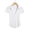 Camiseta feminina de manga curta com decote em V rosa e decote em V, com decote em V, frente crua, verão 2024, nova camiseta curta justa e justa para meninas