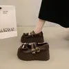 Sapatos Birkenstock Femininos com Sola Grossa de 7CM e Laço Outono 2026 Novo Estilo Pequenos Aumentam a Altura Sapatos Pequenos de Couro Sapatos Mary Jane Sapatos de Salto Único