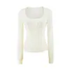 Otoño/Invierno Nuevo Chica Caliente Figura Atractiva Camiseta de Manga Larga con Botones Cuello Redondo Base de Punto Top Adelgazante