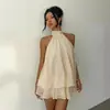 Ropa de resort transfronteriza europea y americana para mujer: vestido top de chifón, corte ajustado, sexy, sin espalda, cuello halter, cintura de corbata, con falda corta acampanada