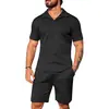 Verano Nuevo Estilo Transfronterizo Conjunto de Punto Casual para Hombre Camisa Polo Manga Corta Pantalones Cortos Cuadros Color Sólido Rayas