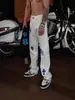 Jeans Rasgado Europeu e Americano Tendência para Homens, Estilo de Rua, Hip-Hop, High Street, Couro com Remendo Cruzado, Calça Longa Branca Retrô