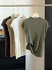 Top de punto fino texturizado de cuello medio con mangas cortas tipo volante para mujer, camiseta base sin mangas acanalada vertical de corte ajustado