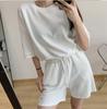 Conjunto Casual Waffkle Transfronteiriço Feminino Verão 2022 Estilo Coreano Solto Versátil Emagrecedor Manga Curta Top e Shorts Conjunto de Duas Peças