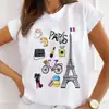 Camiseta feminina de manga curta estampada Torre de Paris moda feminina manga curta gola redonda base de código europeu