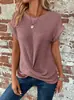 Camiseta de Manga Corta de Color Sólido con Cuello en U y Nudo Waffle Primavera Verano Holgada Casual Poliéster Algodón Transfronterizo Ropa de Mujer al por Mayor