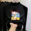 Camiseta de manga larga con forro polar para niña, capa interior de otoño e invierno, top infantil de cuello semi-alto con estampados de dibujos animados