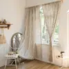 Cortina corta de algodón y lino con estampado de flor de gardenia y borlas, color café, semitransparente, para barra, cortina lista para usar
