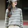 Suéter de malha 100% algodão para mulheres, com zíper parcial, gola alta, mangas compridas, estilo pullover, listrado, corte solto, adequado para primavera e outono, pode ser usado como camada interna ou externa