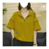 Camiseta de algodón de verano nueva, casual, holgada, con media cremallera, cuello alto, manga corta, para mujer, elegante y versátil, efecto adelgazante
