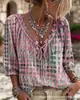Camisa de linho com decote V, estilo boho europeu e americano, nova coleção de verão feminina, com estampa e mangas amplas, top soltinho e casual