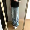 Jeans rotos para hombre con estampado de rayo, estilo fino de otoño, vibra de alta calle americana, pantalones largos rectos holgados lavados con pierna curva