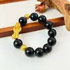 Pulsera Pixiu Chapada en Oro de Imitación para Hombre, Pulsera de Obsidiana para Atraer la Fortuna para Hombre, Joyería para Transmisión en Vivo, Suministro al por Mayor de Pequeños Regalos