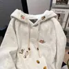 Sudadera con capucha bordada estilo coreano de dibujos animados para mujer, primavera, otoño e invierno, forro polar, gruesa, holgada, estilo perezoso, tacto de alta gama, chaqueta gris