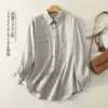 Camisa Longa de Manga Comprida Listrada Solta Estilo Coreano Outono 2026 com Bolsos Duplos e Gola Patchwork para Mulheres