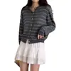 Casaco Cardigan de Tricô Listrado em Cores Contrastantes Jaqueta Primavera e Outono Novo Top Solto Moda Feminina High-End