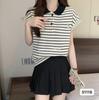 Suéter de Punto de Solapa Casual Elegante de Estilo Coreano Nuevo de Verano 2024 a Rayas en Contraste de Color Suelto de Manga Corta Top Combinable para Mujer