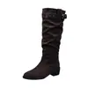 Botas vintage de tacón alto plisadas con punta fina, botas de vaquero occidentales estilo páramo con hebillas de cinturón y tacones gruesos, botas largas de caballero