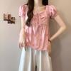 Camisa Floral de Cuello Cuadrado con Mangas Abullonadas para Mujer 2026 Verano Nuevo Estilo Dulce y Elegante Camisa de Manga Corta Top Corto para Estudiante
