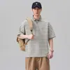 Camisa Polo Listrada Pesada Estilo Americano Retro Anyang Verão 2026 Nova Marca de Moda Gola Reversível Manga Curta Top Casual Masculino