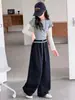 Pantalones casuales nuevos de otoño para niñas, con cintura de parche bordada, pierna ancha curva, pantalones de chándal de primavera y otoño para niñas, pantalones largos de moda