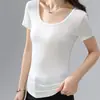 Camiseta Feminina Manga Curta com Fio 2026 Novo Estilo Roupa Feminina Emagrecedora Gola Dupla em U Cor Sólida Elegante Top com Cintura Marcada Elástico