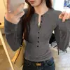 Camisa básica versátil estilo americano para mulheres, com gola henley, forro de fleece quente para outono e inverno, corte slim.