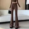 Calça feminina de corte flare slim fit marrom transfronteiriça, nova moda outono 2026, com cinto decorativo, cintura alta, modelagem que afina, calça longa casual