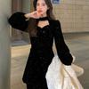 Vestido de Terciopelo con Brillo Fino para Mujer 2025 Otoño e Invierno Nuevo Elegante Rojo Cintura Adelgazante Look Falda Línea A