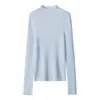 Suéter de Punto de Lana Rosa Pálido Morado con Cuello Alto Fruncido de Manga Larga para Mujer, Capa Base Ajustada para Otoño con Hombros Normales