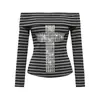 Top de una sola manga larga a rayas de color blocking retro de otoño estilo Ins, estilo americano con patrón cruzado y pedrería, estilo europeo y americano