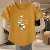 Camiseta de Manga Curta com Desconto de Comércio Exterior Feminina Roupa de Mãe Verão Estampada Decote V Solta Tamanho Grande Casual Elegante Top para Meia-idade
