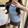 Foto Real # Camiseta Listrada de Gola Redonda Feminina Manga Curta Verão 2025 Novo Estilo Camisa Estilo Estrangeiro Top Curto Slim Feminino