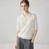 Suéter de punto de cachemir para mujer, modelo nuevo 2026, con cuello polo de manga corta y escote con cuentas de alta resistencia, suéter simple y elegante de manga corta