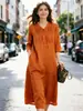 Vestido de Verão Artístico com Decote em V, Novo, Versátil, Plus Size, Caimento Solto, Estilo Hong Kong, Algodão e Linho, Comprimento Médio, Manga Curta para Mulheres