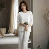 Estilo Chinês Verão Primavera Conjunto de Pijama Feminino de Seda de Gelo Fino Novo Estilo Chinês Vinho Tinto Manga Longa Calça Longa Seda de Imitação Roupa de Casa