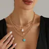 Joyería Transfronteriza Europea y Americana Collar Retro de Corazón Turquesa de Tres Capas Moda Personalizada Fiesta Uso Diario Cadena para Clavícula