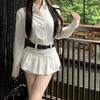 Elegante Conjunto de Duas Peças Feminino Branco, Soltinho e Versátil, com Camisa de Manga Longa e Calça-Saia Slimming de Cintura Alta para a Primavera de 2026