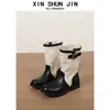 Botines de trabajo retro de tacón grueso hasta la mitad de la pantorrilla para mujer, con patchwork de lona, punta redonda, acabado desgastado y estilo botín corto, perfectos para uso casual y para crear una silueta estilizada, reminiscentes de las botas vaqueras.