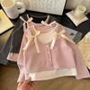 Camiseta Doce Versátil de Manga Comprida para Meninas Top Falso de Duas Peças Primavera 2025 Novo Versão Coreana Moda Infantil Elegante Camiseta Básica