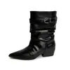 Botas Apiladas de Cuero de Vaca Arrugado Versátiles de Moda Estilo Coreano 2026 Otoño/Invierno Punta Aguda Tacón Medio Grueso Hebilla Botines de Cuero Genuino para Mujer