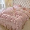 Estilo Princesa Cobertor de Cama de Veludo Leite Conjunto de Cama de Quatro Peças Cobertor de Colcha de Veludo Coral com Forro Dupla Face Lençóis de Cama Acolchoados de Flanela