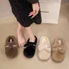 Chinelos peludos com laço doce em couro macio para mulheres, sapatos quentes de inverno para uso externo e no escritório, chinelos slip-on preguiçosos para mulheres