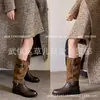 Hebilla de cinturón de bloques de color botas anchas botas altas de mujer invierno nuevo piel de vaca cabeza redonda tacón grueso medio pero hasta la rodilla botas largas botas de jinete de mujer