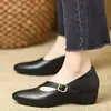 Sapatos de couro macio para mulheres, nova coleção de outono 2026, sapatos de salto baixo estilo francês, sapatos Mary Jane de bico fino, sapatos de couro pequenos de salto alto com salto grosso