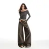 25 Outono e Inverno Novo Estilo Tecido de Veludo Lavado e Desbotado Cintura Alta Design Slim Solto Grande Perna Larga Veludo Grosso Calça Casual para Mulheres